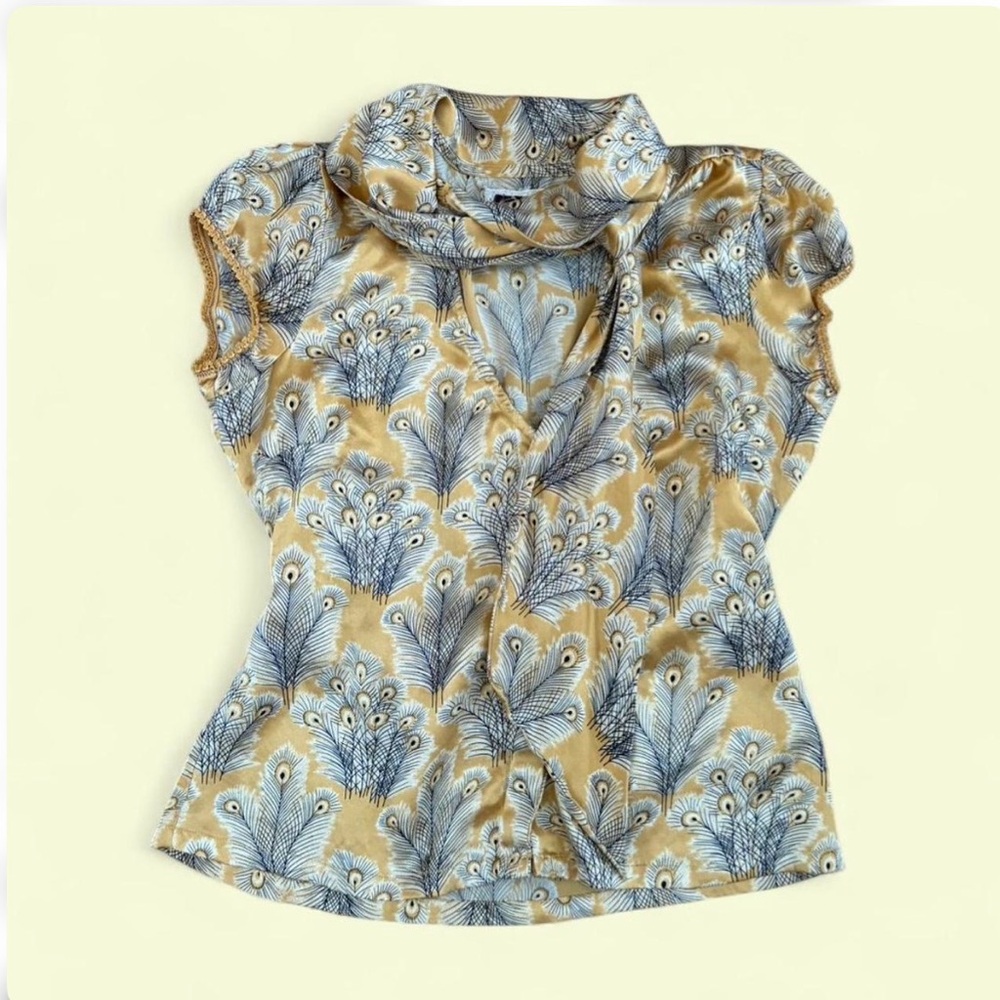 Free People Gold and Light Blue Peacock Print Cowl Neck Blouse